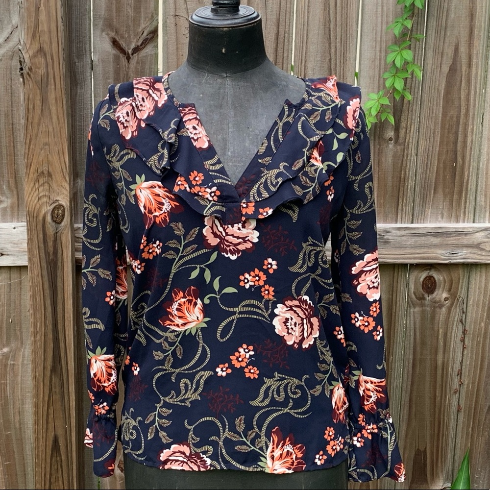 Floral Ruffle V-Neck Blouse - Navy with Pink & Peach Flowers